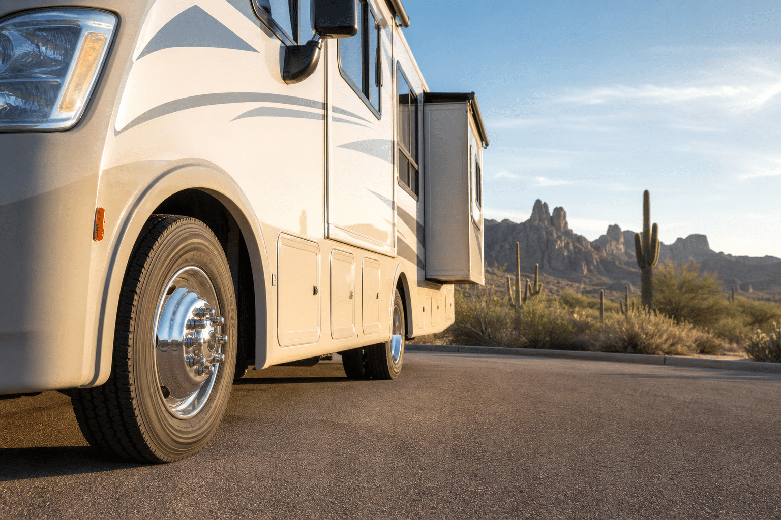 arizona-rv-tire-safety-hero RV tire on a motorhome parked in the Arizona desert during early morning.