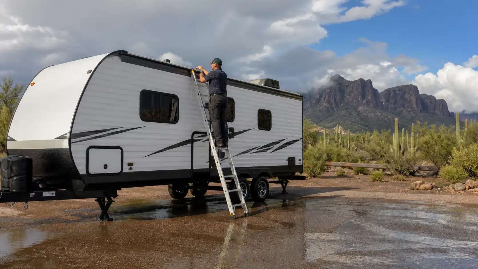 Arizona RV Roof Inspection After Monsoon Storm Technician completing an Arizona RV roof inspection after a monsoon storm in Apache Junction