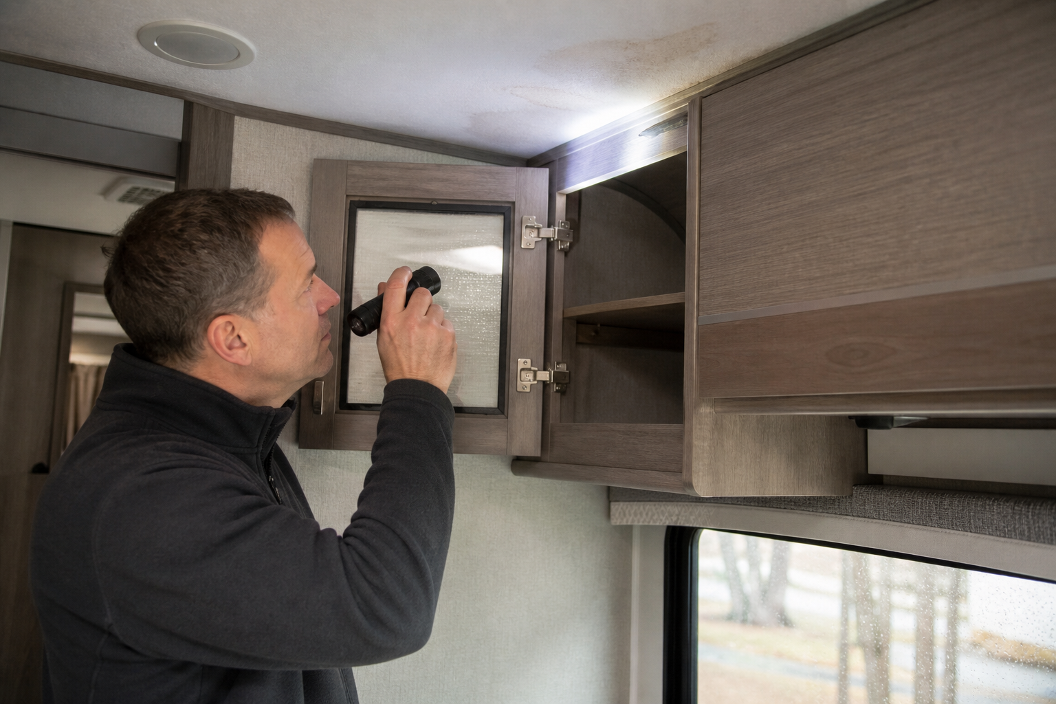 Checking an RV ceiling and upper cabinet for hidden water stains after monsoon rain